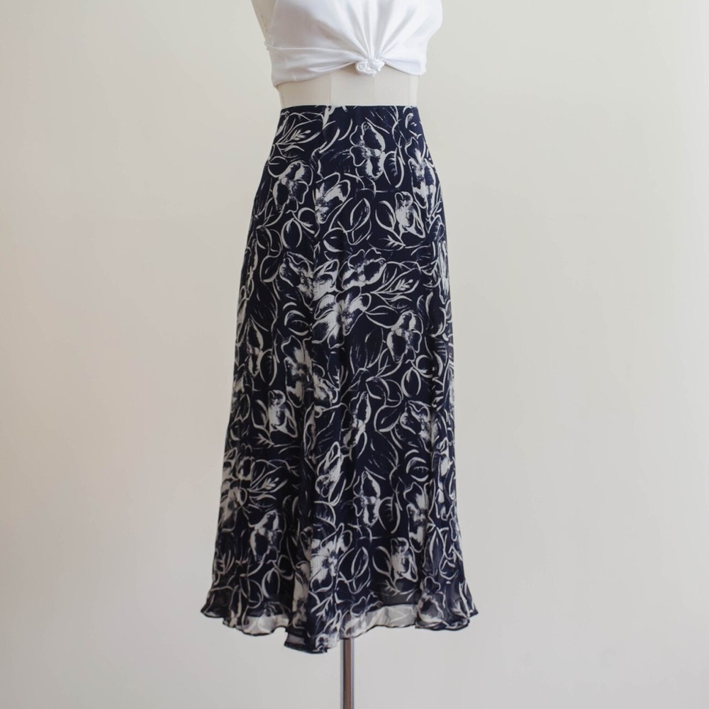 Ralph Lauren Navy and White Floral Midi Skirt